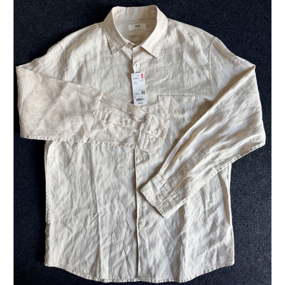 New W/ Tags Uniqlo Men's Linen Long Sleeve Shirt Size Large Beige Vacation Beach